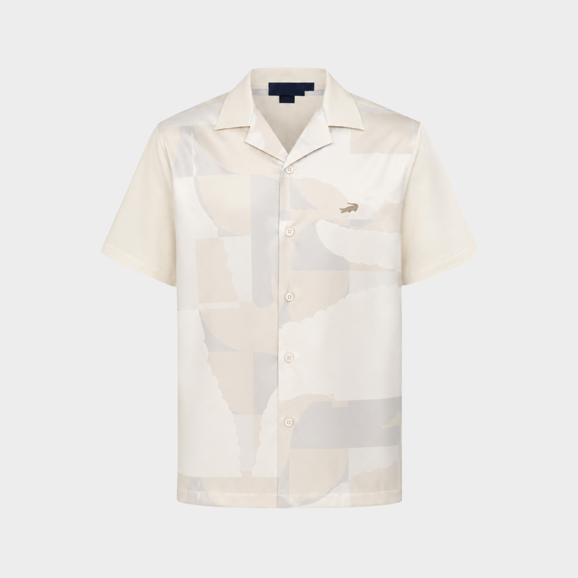 BEIGE CUSTOM FIT CUBAN COLLAR SHIRT WITH GRAPHIC PRINT