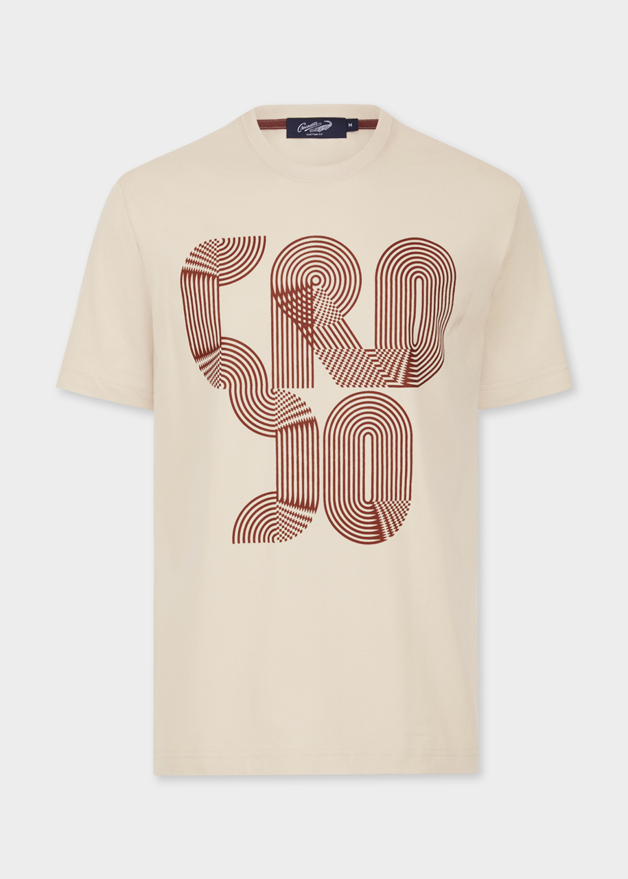 BEIGE CUSTOM FIT CREW NECK T-SHIRT WITH NUTSHELL BROWN GRAPHIC PRINT