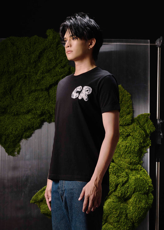BLACK CUSTOM FIT CREW NECK SHORT SLEEVE T-SHIRT WITH GRAPHIC PRINT