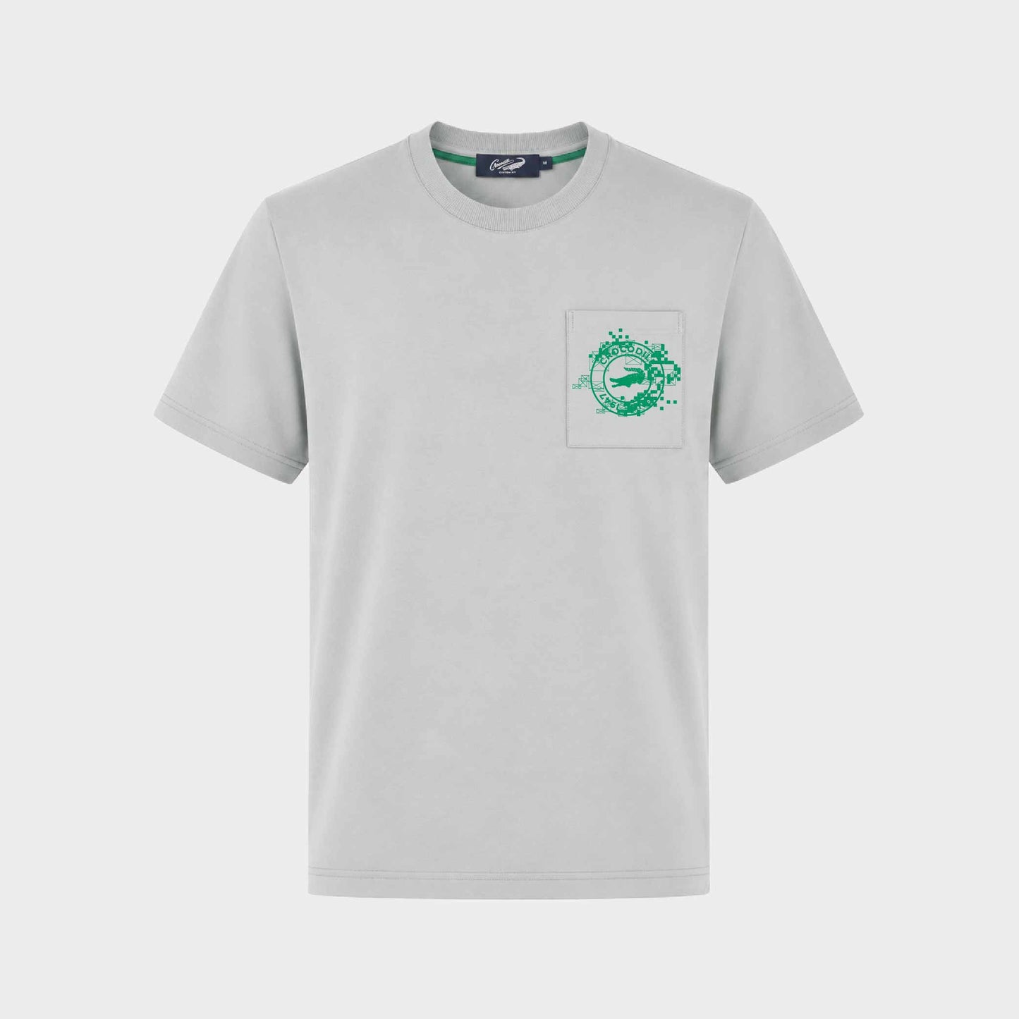 เสื้อยืดคอกลมสีเทาทรงคัสตอมฟิตพร้อมลายกราฟฟิกและกระเป๋า