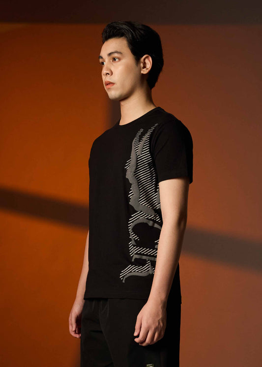 BLACK CUSTOM FIT CREW NECK SHORT SLEEVE T-SHIRT WITH GRAPHIC PRINT