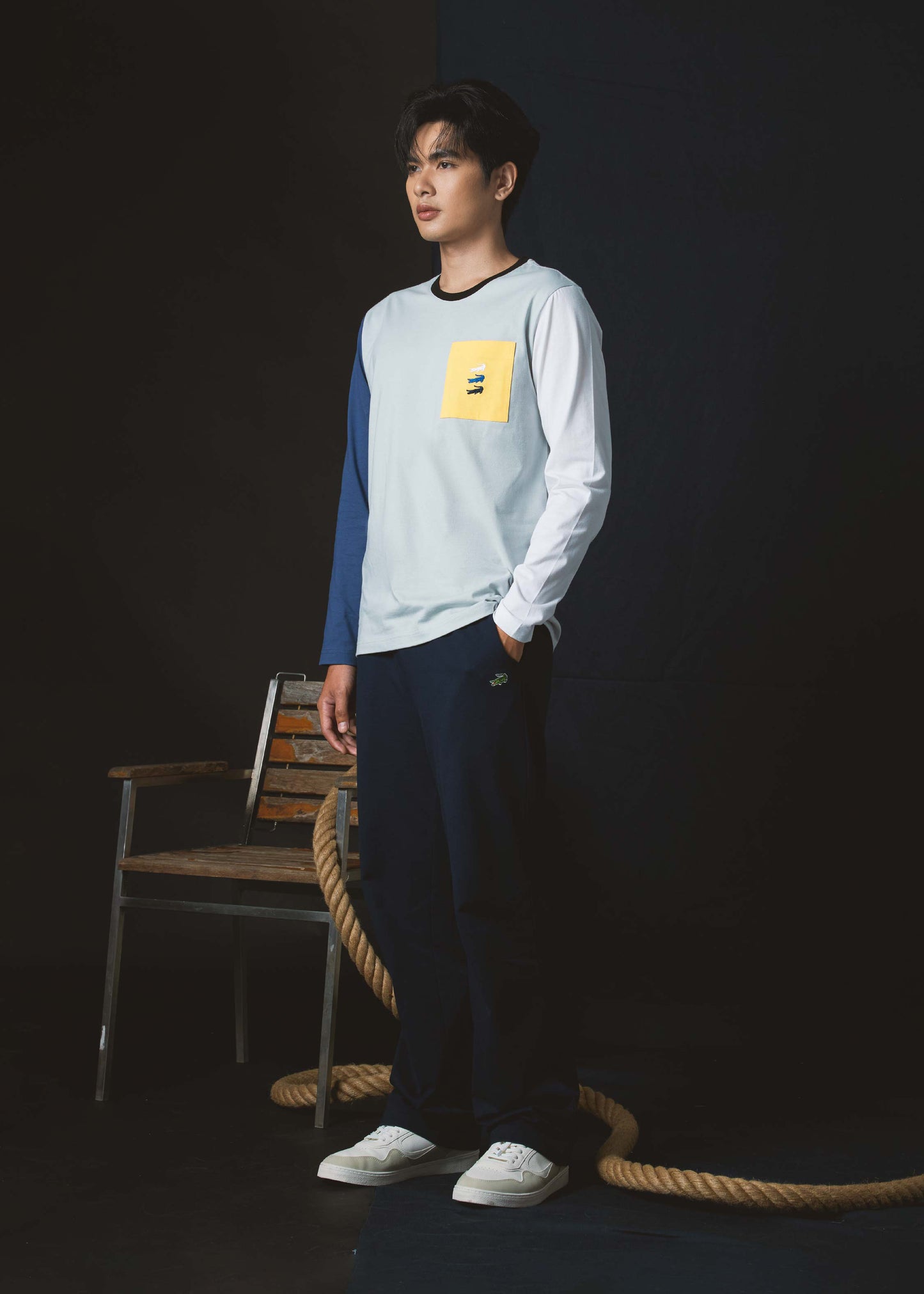 NAVAL ACADEMY BLUE COLOUR BLOCK CUSTOM FIT CREW NECK LONG SLEEVE T-SHIRT WITH CHEST POCKET