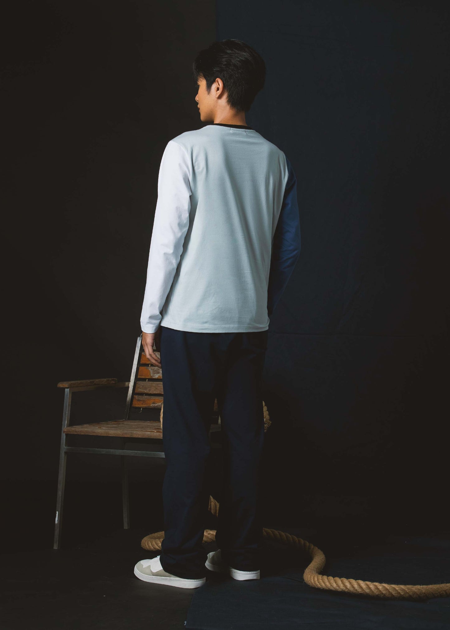 NAVAL ACADEMY BLUE COLOUR BLOCK CUSTOM FIT CREW NECK LONG SLEEVE T-SHIRT WITH CHEST POCKET