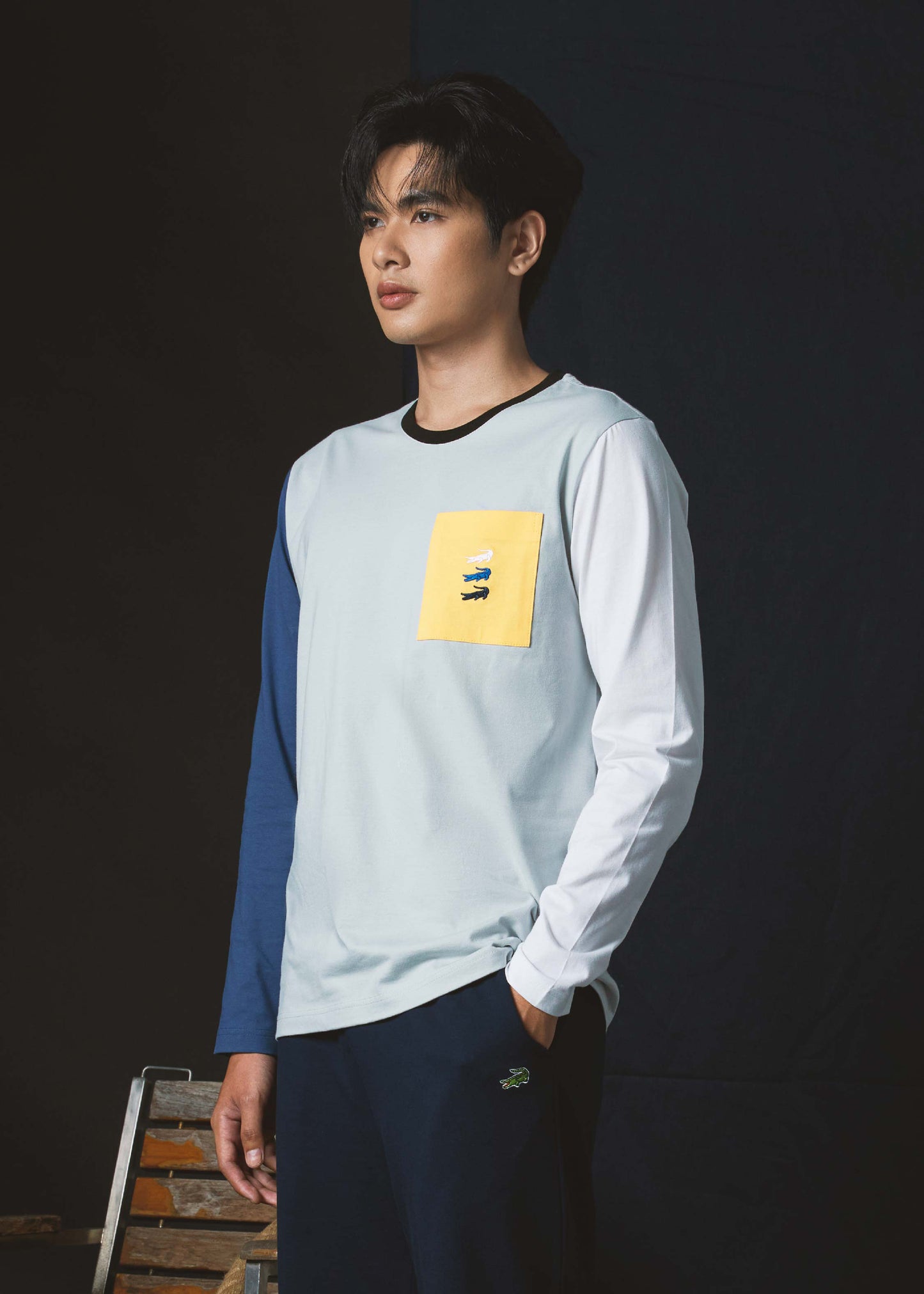 NAVAL ACADEMY BLUE COLOUR BLOCK CUSTOM FIT CREW NECK LONG SLEEVE T-SHIRT WITH CHEST POCKET