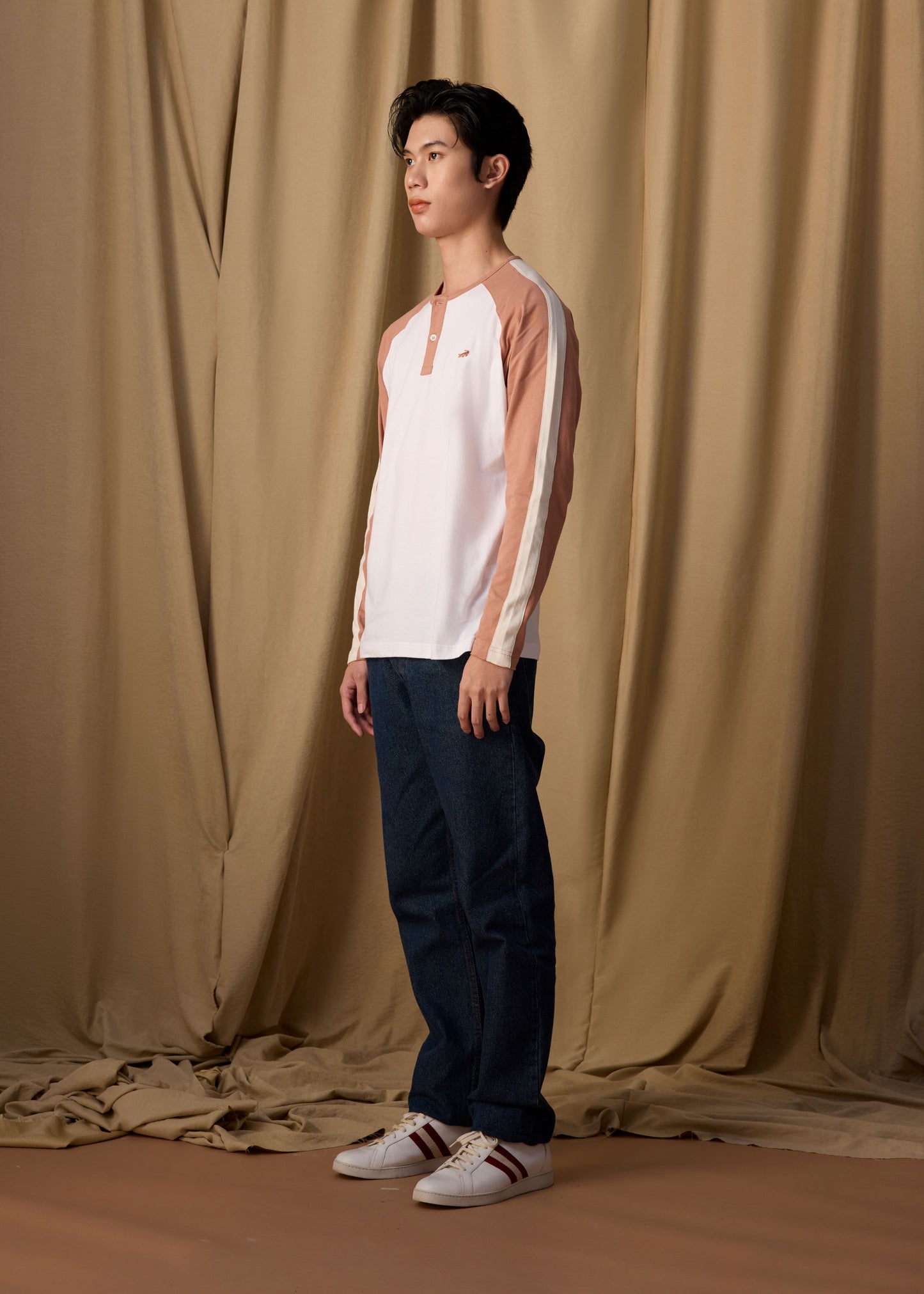 WHITE COLOUR BLOCK CUSTOM FIT HENLEY LONG SLEEVE T-SHIRT