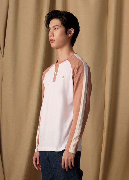 WHITE COLOUR BLOCK CUSTOM FIT HENLEY LONG SLEEVE T-SHIRT