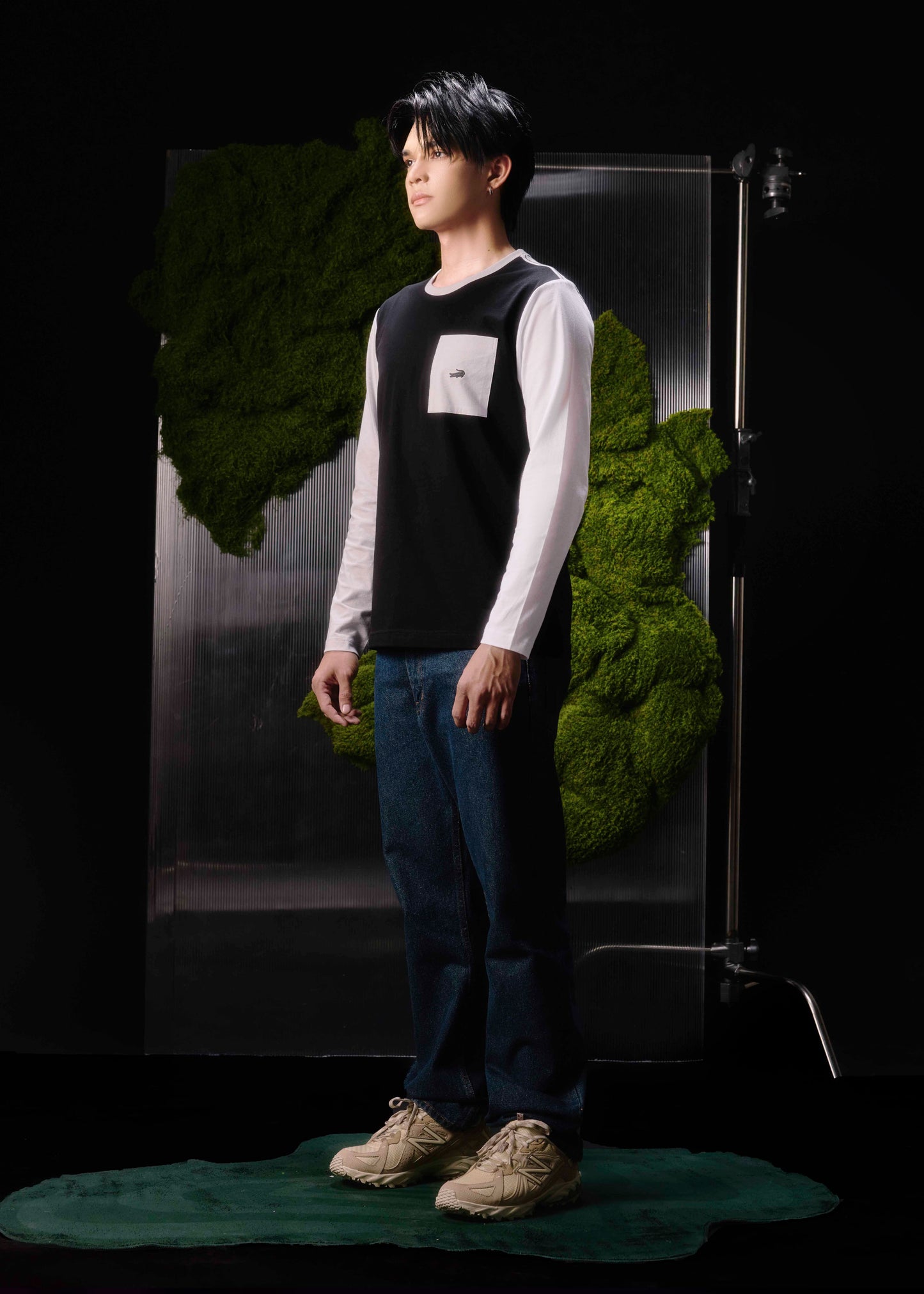 BLACK COLOUR BLOCK CUSTOM FIT CREW NECK LONG SLEEVE T-SHIRT WITH CHEST POCKET