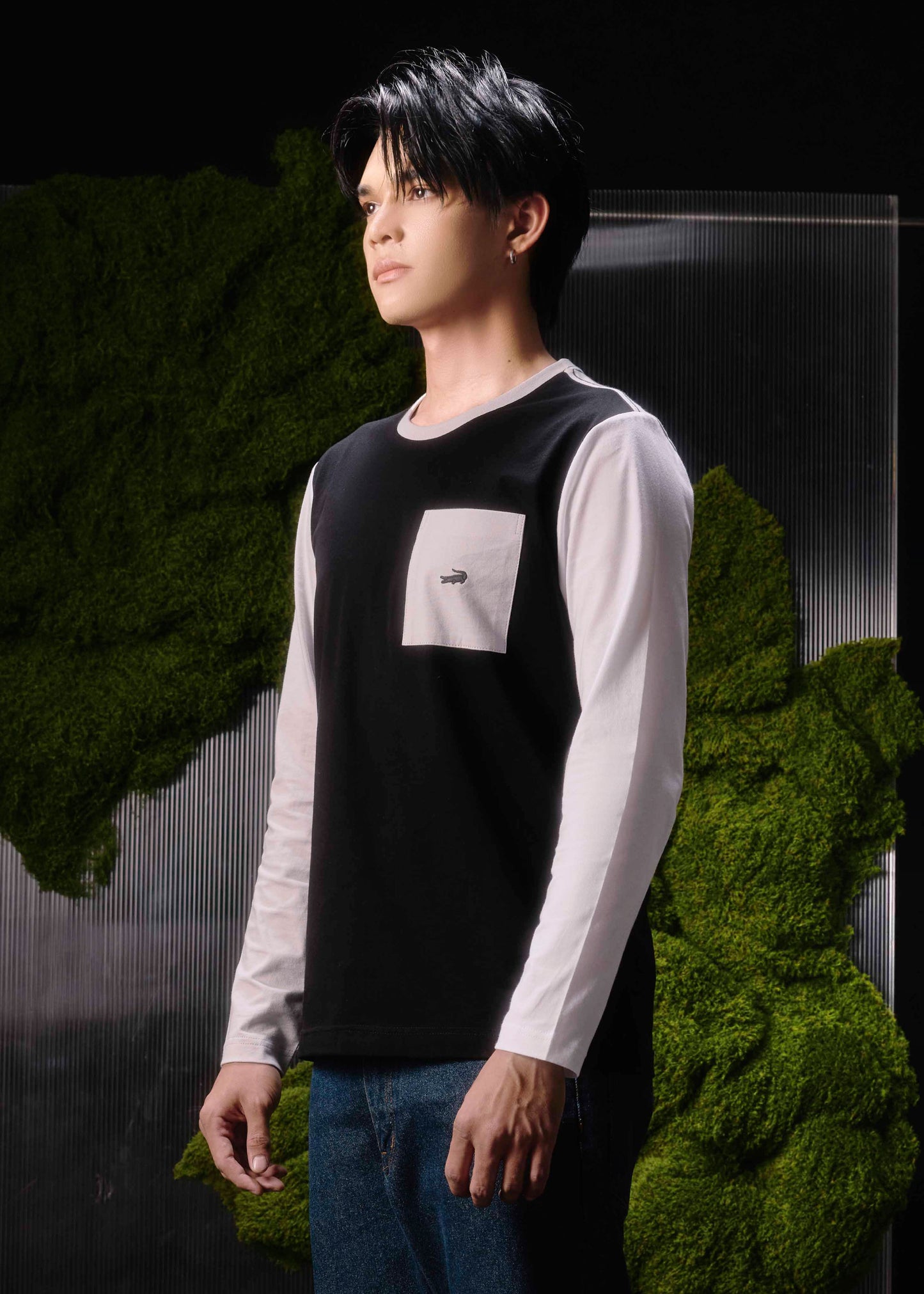 BLACK COLOUR BLOCK CUSTOM FIT CREW NECK LONG SLEEVE T-SHIRT WITH CHEST POCKET