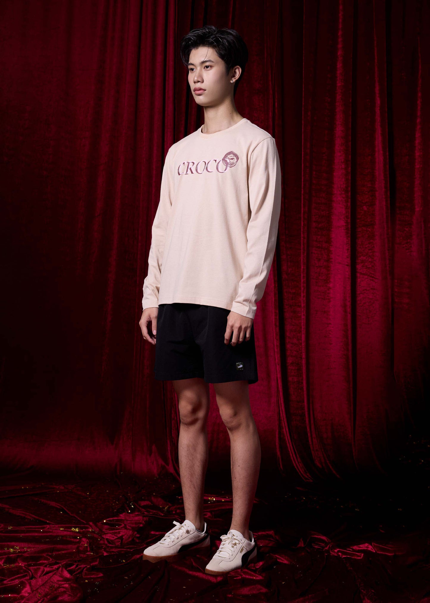 BEIGE CUSTOM FIT CREW NECK LONG SLEEVE T-SHIRT WITH GRAPHIC PRINT