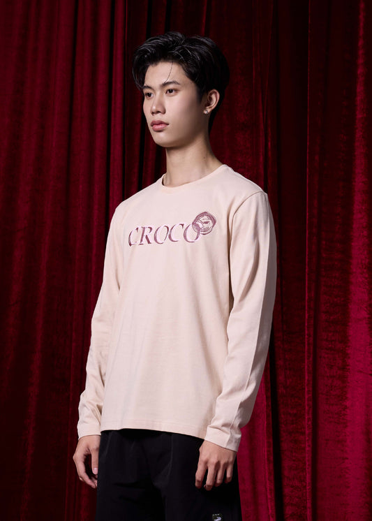 BEIGE CUSTOM FIT CREW NECK LONG SLEEVE T-SHIRT WITH GRAPHIC PRINT