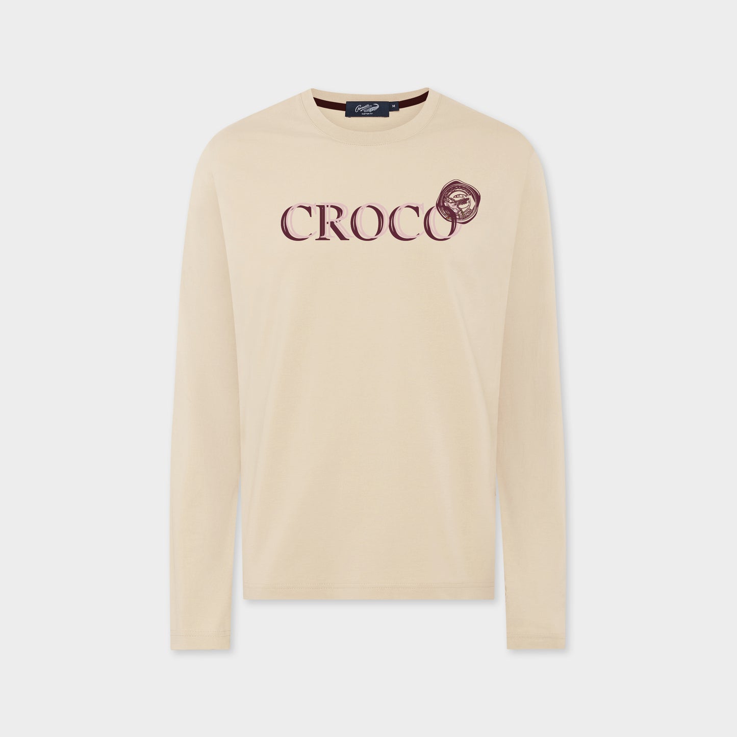BEIGE CUSTOM FIT CREW NECK LONG SLEEVE T-SHIRT WITH GRAPHIC PRINT