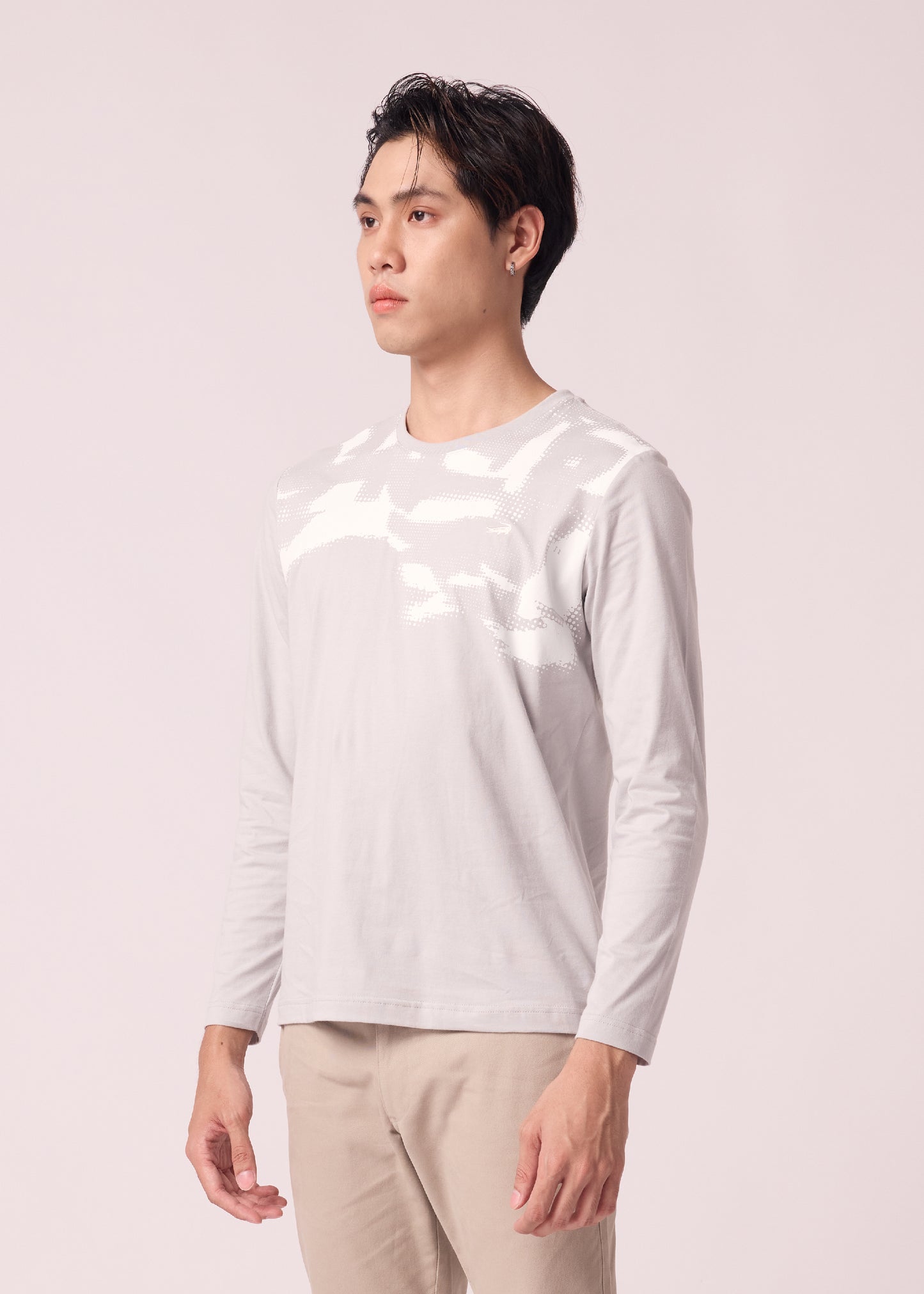 GREY CUSTOM FIT CREW NECK LONG SLEEVE T-SHIRT WITH GRAPHIC PRINT