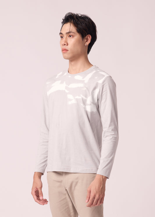เสื้อยืดคอกลมแขนยาวสีเทาทรงคัสตอมฟิตพร้อมลายกราฟฟิก