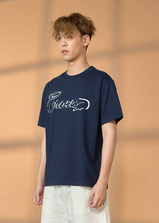 NAVY OVERSIZED FIT CREW NECK SHORT SLEEVE T-SHIRT WITH GRAPHIC PRINT