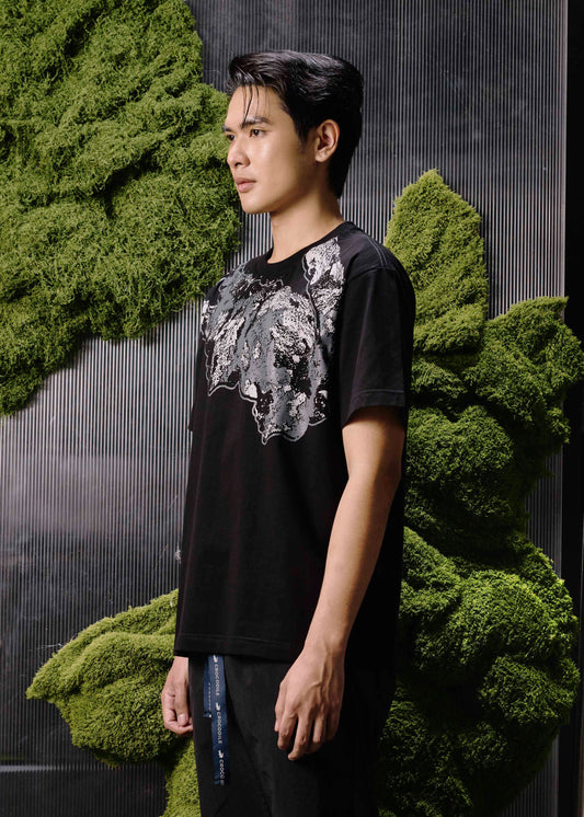 BLACK OVERSIZED CREW NECK SHORT SLEEVE T-SHIRT WITH GRAPHIC PRINT