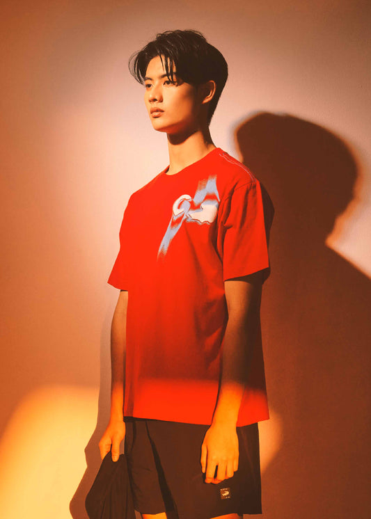 LAVA RED OVERSIZED CREW NECK SHORT SLEEVE T-SHIRT WITH GRAPHIC PRINT