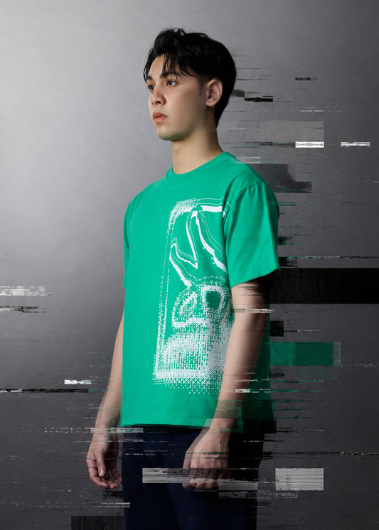 เสื้อยืดคอกลมแขนสั้นสีอะควอติกออว์ทรงโอเวอร์ไซส์พร้อมลายกราฟฟิก