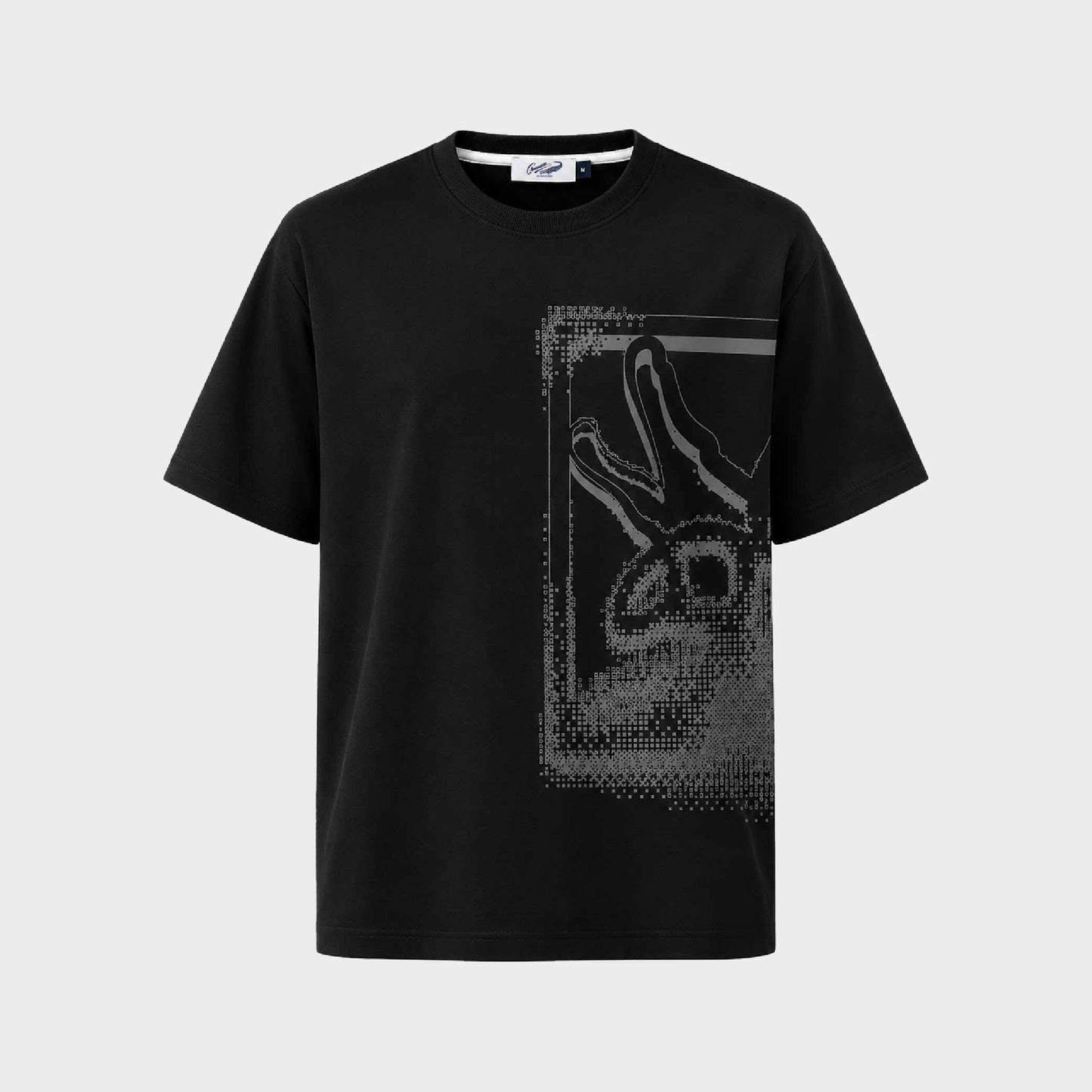 เสื้อยืดคอกลมแขนสั้นสีดำทรงโอเวอร์ไซส์พร้อมลายกราฟฟิก