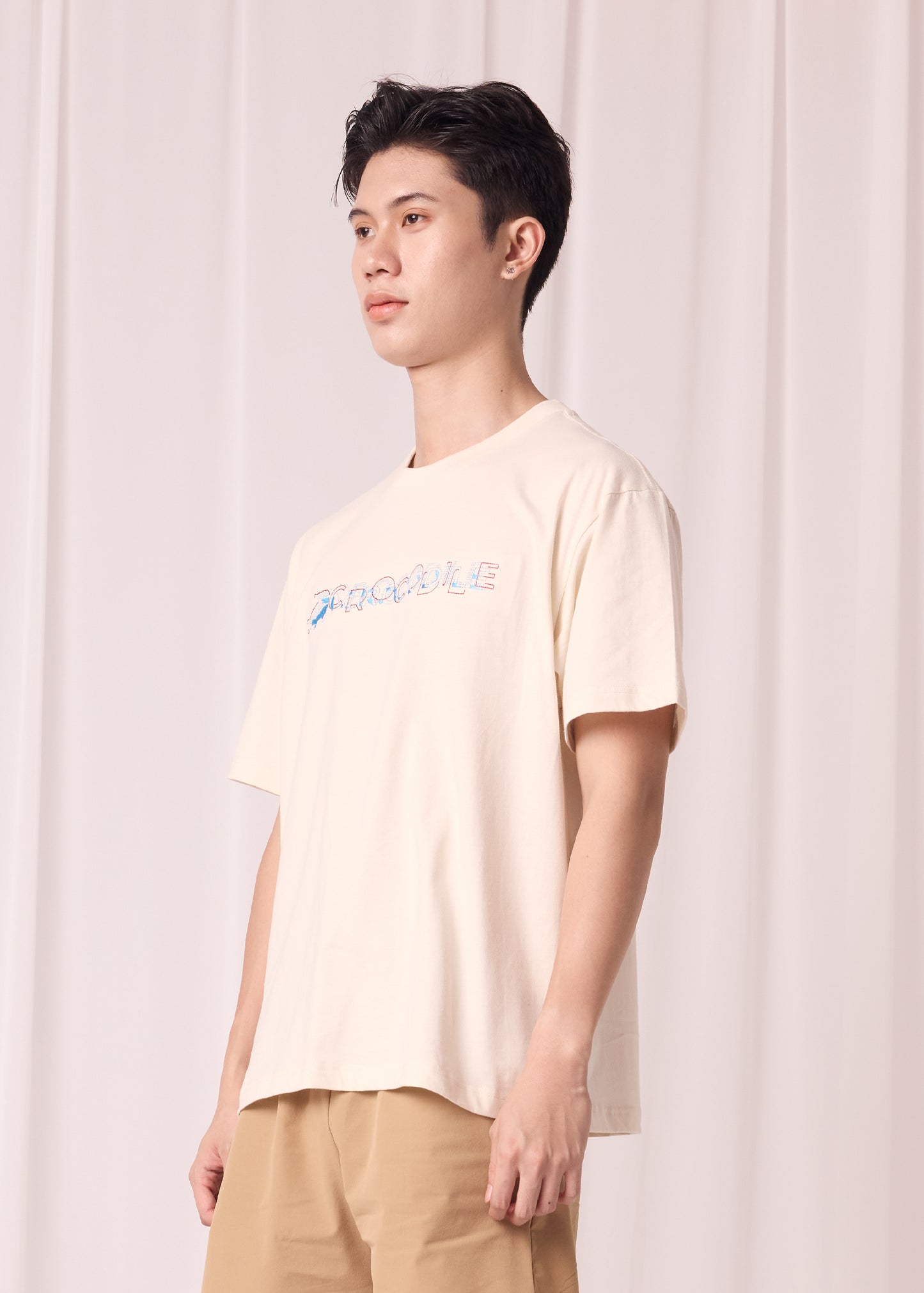BEIGE OVERSIZED CREW NECK SHORT SLEEVE T-SHIRT WITH EMBROIDERY