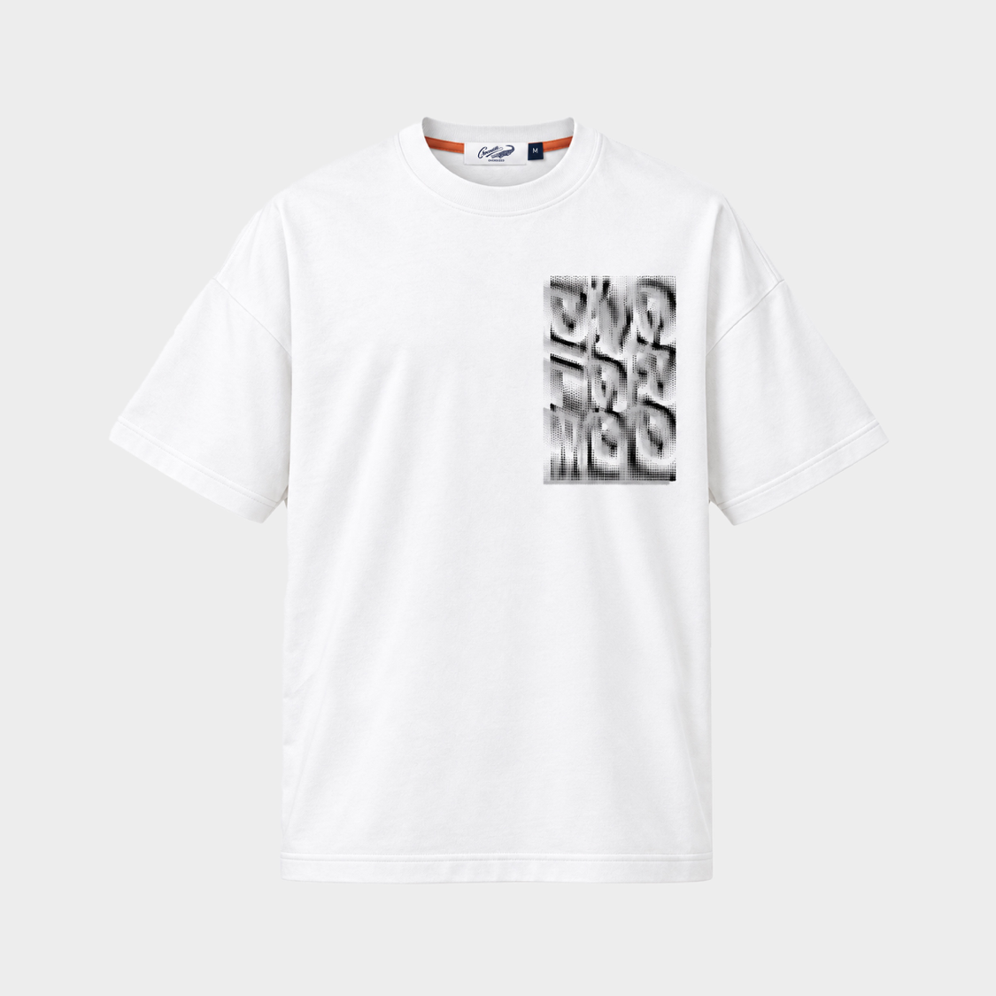 เสื้อยืดคอกลมแขนสั้นสีขาวทรงโอเวอร์ไซส์พร้อมลายกราฟฟิก