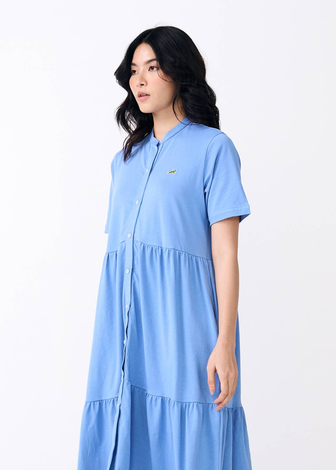 TRANQUIL BLUE SHORT-SLEEVED GATHERED DRESS  WITH MANDARIN COLLAR